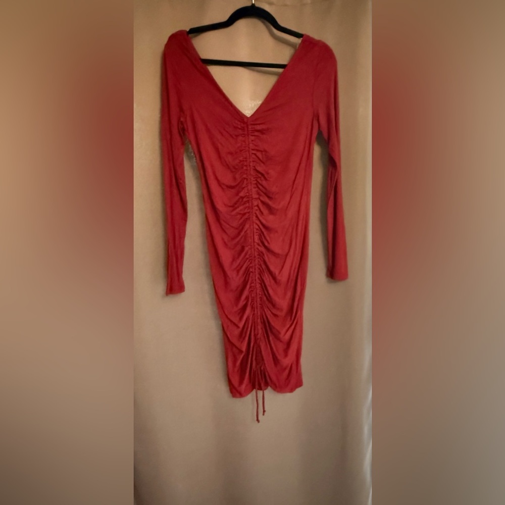 Fashion Nova Red Long Sleeve Ruched Dress